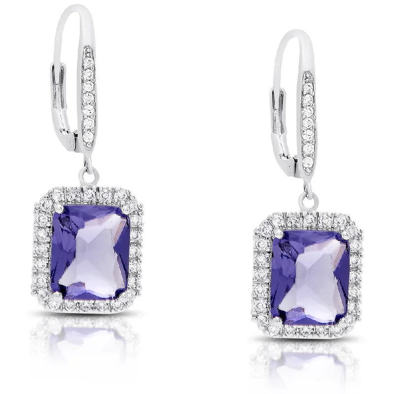 Drop Earrings with Crown Designs -Dolce Giavonna Silver Overlay Cubic Zirconia and Simulated Tanzanite Emerald-cut Dangle Earrings