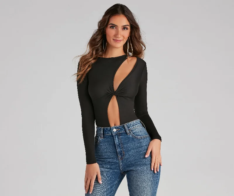 High-waisted tight top for women with slim fit and figure-hugging design-Gimme More Twist Cutout Bodysuit