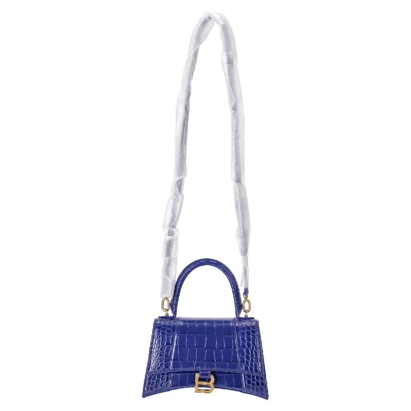 Handle bags with animal prints for flair -Balenciaga Small Hourglass Crocodile Embossed Top Handle Bag in Blue Calfskin Leather