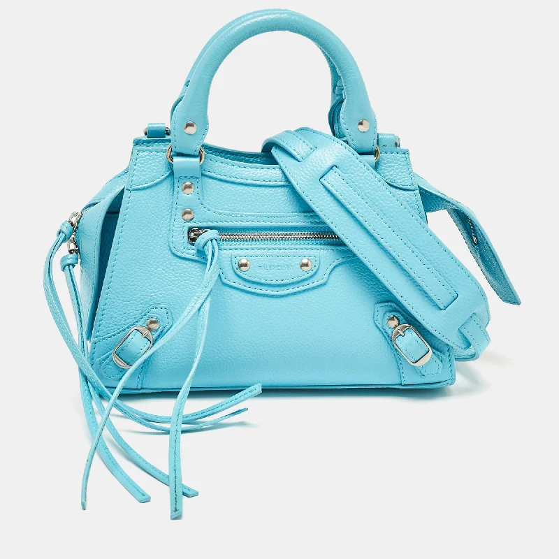 Handle bags with hidden pockets for security -Balenciaga Light Blue Leather Mini Neo Classic City Tote