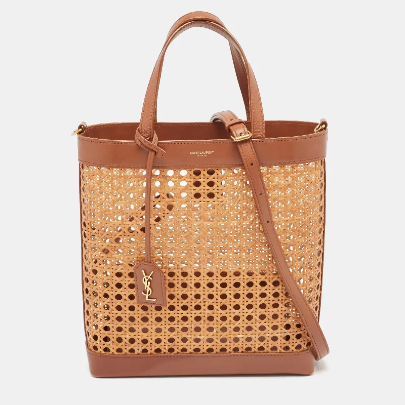 Quilted handle bags with stylish textured finish -Saint Laurent Brown/beige Woven Raffia And Leather Toy Tote