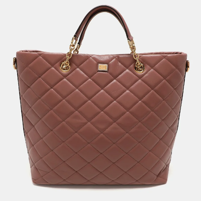 Handle bags with vintage vibes for nostalgia -Dolce & Gabbana Beige Quilted Leather Chain Shopper Tote