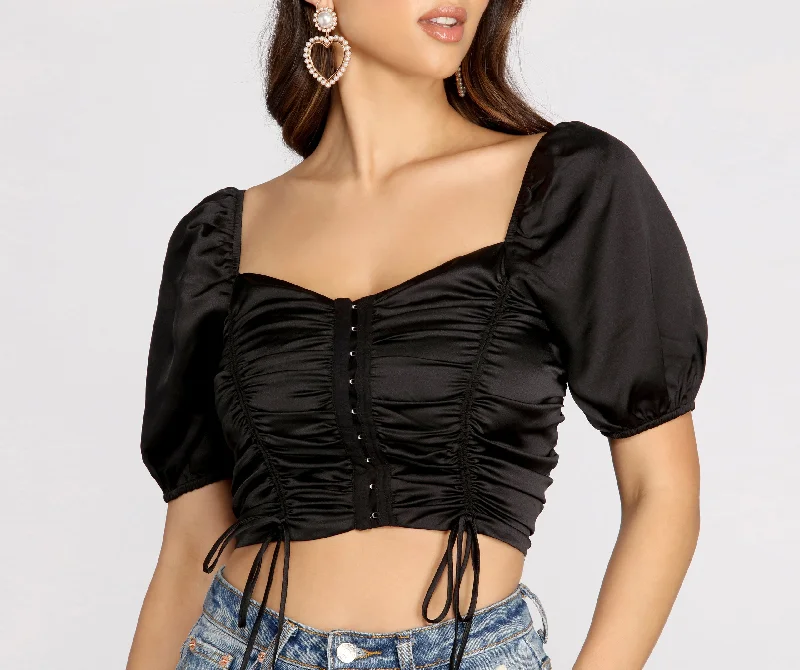 Gothic Blouses with Dark Tone -Puff Sleeve Double Tie Front Blouse