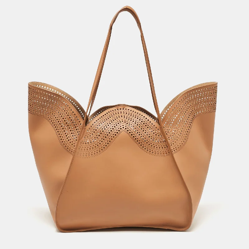 Handle bags with seasonal prints for holidays -Alaia Brown Vienne Laser Cut Leather Large Lili Tote