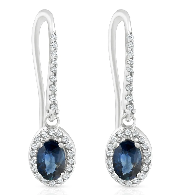 Best hoop earrings with geometric pendants for a modern, chic appeal-1 3/8ct Oval Blue sapphire & Diamond Halo Hoops Dangle Lever Back Earrings 18K