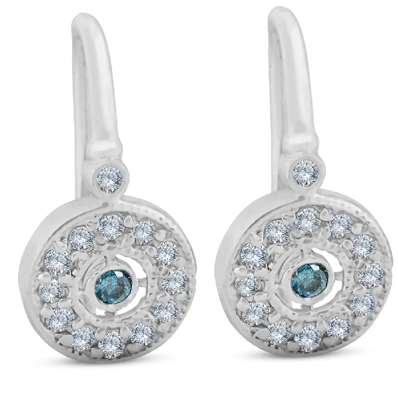 Best hoop earrings with geometric pendants for a modern, chic appeal-1/3ct Pave Diamond Blue & White Vintage Halo Earrings 10K White Gold 1/2" Tall