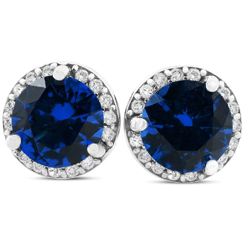 Best hoop earrings with hammered gold for a rustic yet elegant look-1 Ct Genuine Blue Sapphire & Diamond Halo Studs 10K White Gold Earrings