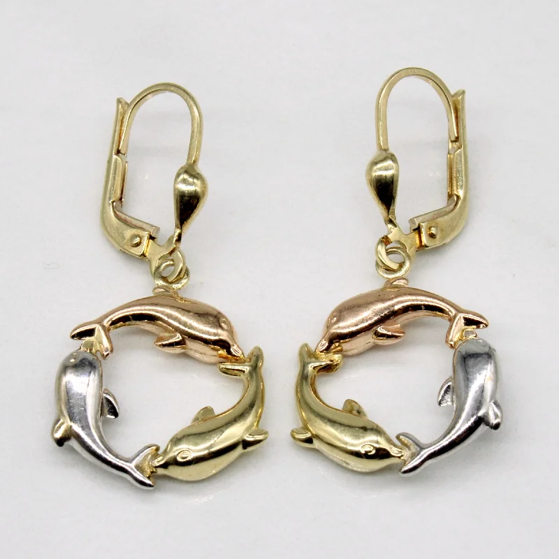 Hoop earrings with spiral designs for a dynamic and fluid look-10k Tri Tone Gold Dolphin Earrings