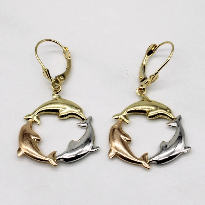 Hoop earrings with satin finishes for a smooth and elegant appearance-14k Tri Tone Gold Dolphin Hoop Earrings