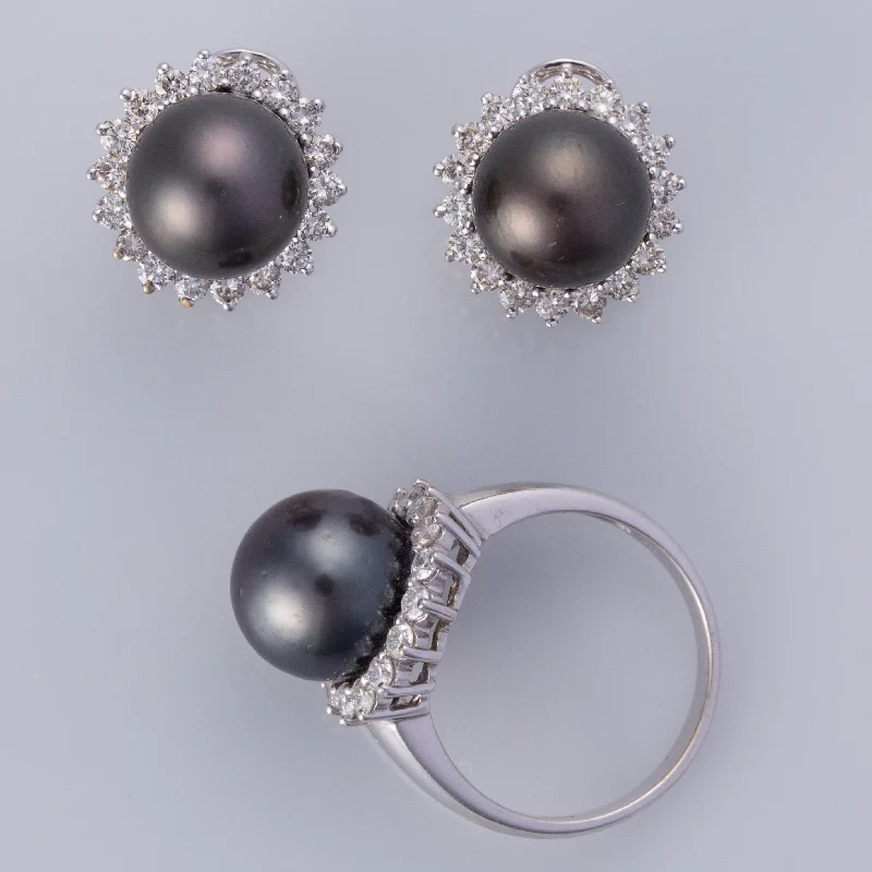 Hoop earrings with spiral designs for a dynamic and fluid look-14K Black Tahitian Pearls and Diamond Earrings and Ring| 10-10.75mm, 1.56ctw | SZ 6.75