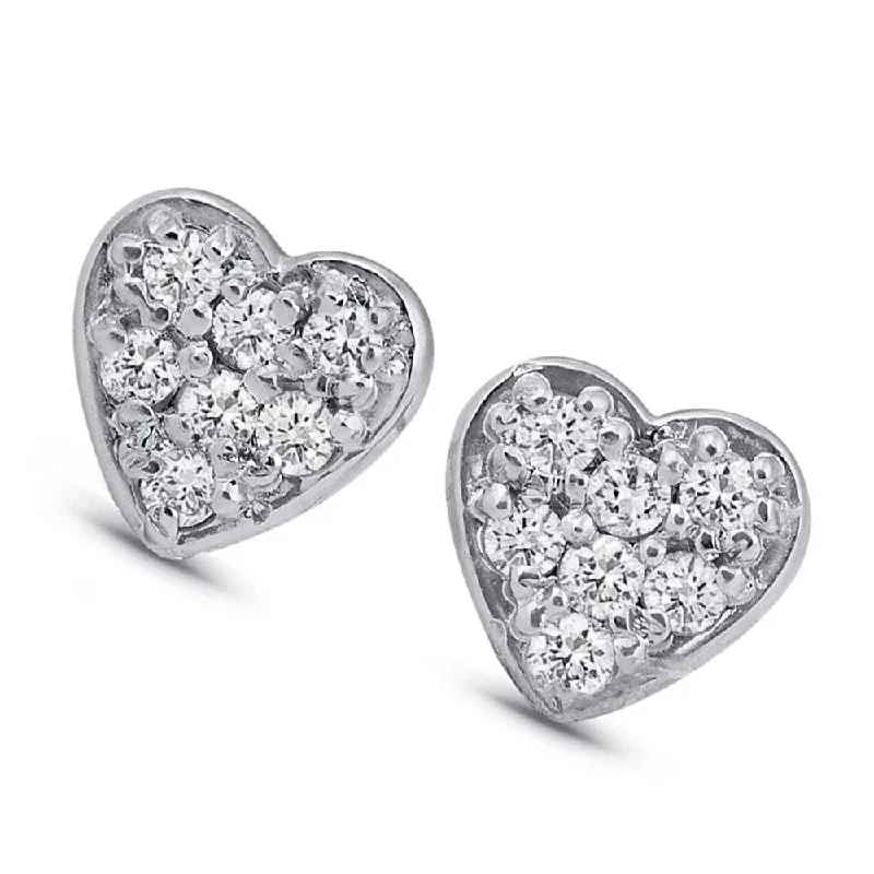 Best hoop earrings with geometric pendants for a modern, chic appeal-14K White Gold Diamond Pave Small Heart Studs Dainty High Polished 5.7MM