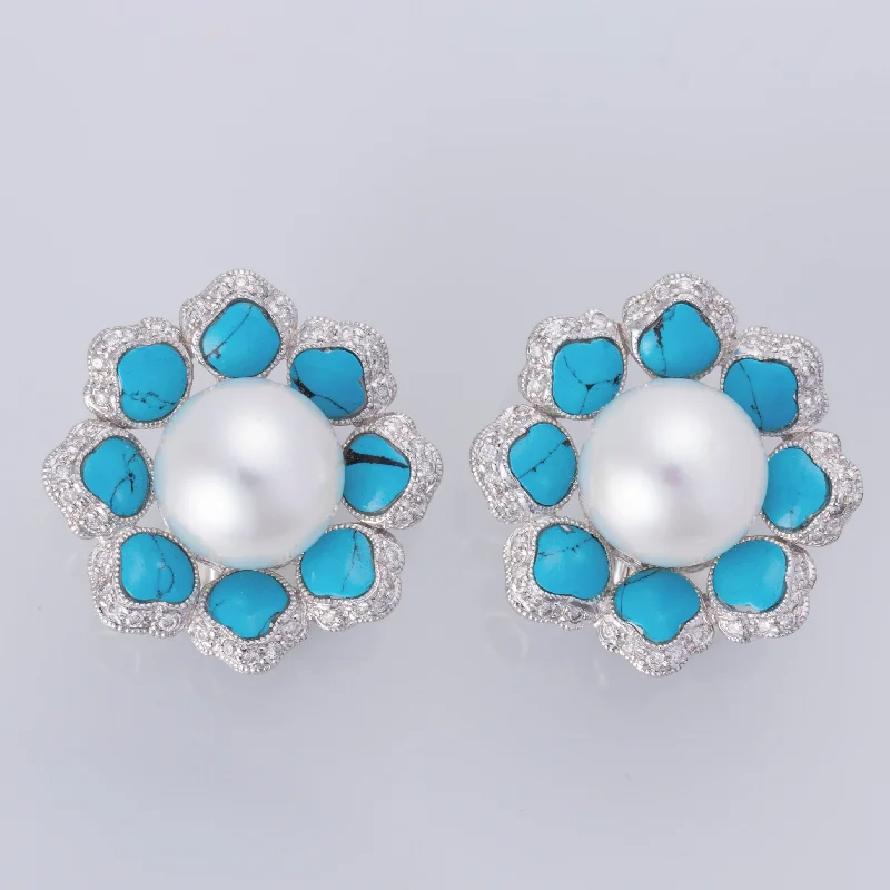 Medium hoop earrings for an everyday look with the perfect balance of style-18K White Gold South Sea Pearls, Turquoise, and Diamond Earrings | 10.5-11.0mm, 0.80ctw