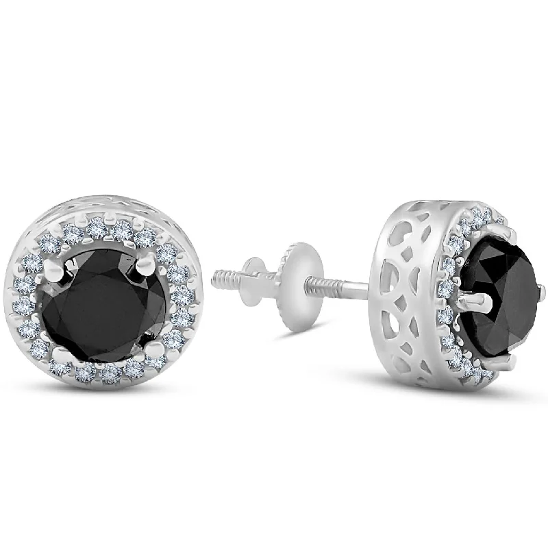 Hoop earrings with multi-tone finishes for a colorful and layered effect-1ct Treated Black & White Round Diamond Halo Studs 14K White Gold