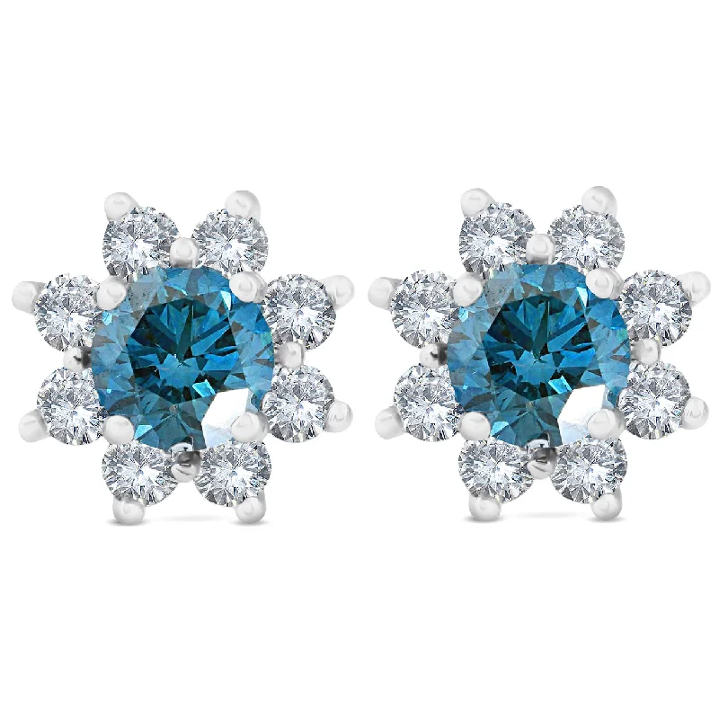 Best hoop earrings with enamel details for a colorful and modern look-2ct Treated Blue Diamond Halo Studs 14K White Gold