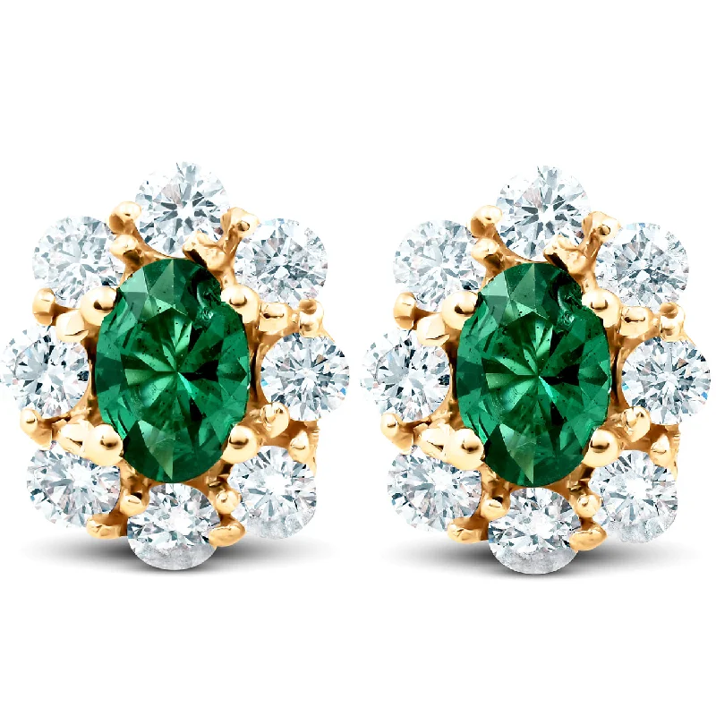 Hoop earrings with enamel stripes for a colorful and eye-catching design-3 Ct Emerald & Diamond Halo Studs 14k Yellow Gold