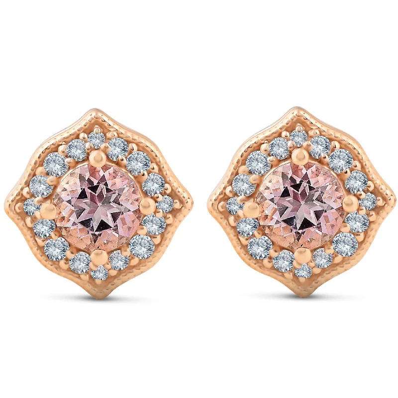 Best hoop earrings with geometric triangle shapes for a modern, chic design-5/8ct Pink Topaz & Diamond Vintage Halo Studs 14k Rose Gold