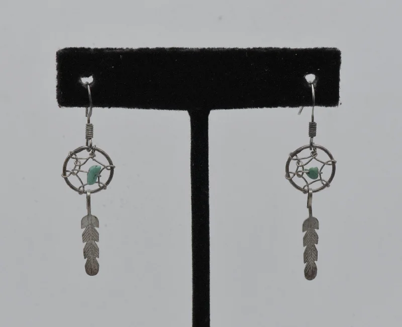 Best hoop earrings with crescent-shaped designs for a bold, moon-inspired style-Vintage Silver and Turquoise Dreamcatcher Earrings