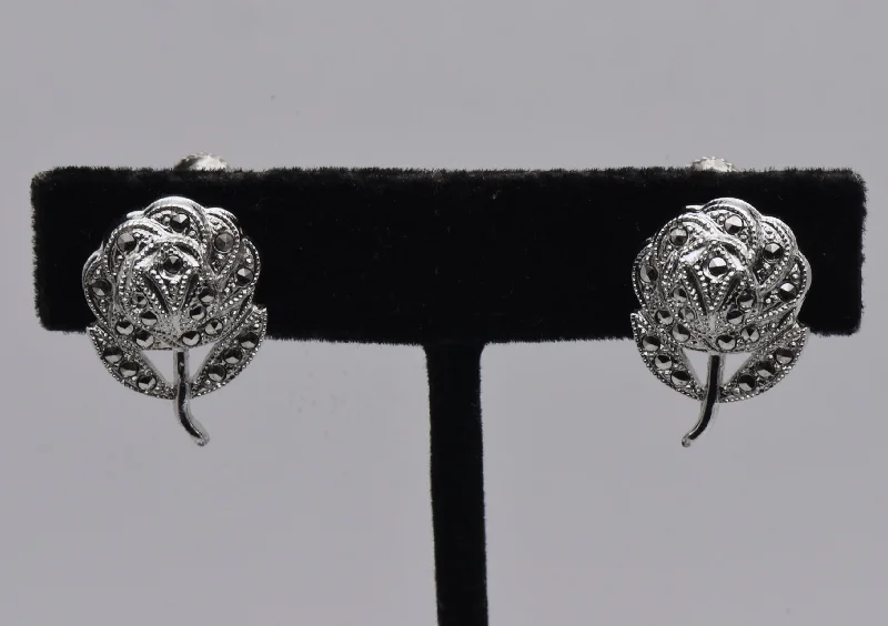 Best hoop earrings with minimal embellishments for a sleek and modern look-Vintage Sterling Silver and Marcasite Floral Screw Back Earrings