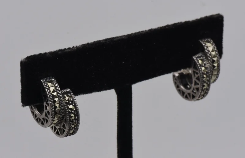 Hoop earrings with heart-shaped frames for a romantic and feminine look-Vintage Sterling Silver and Marcasite Double 3/4 Hoop Earrings