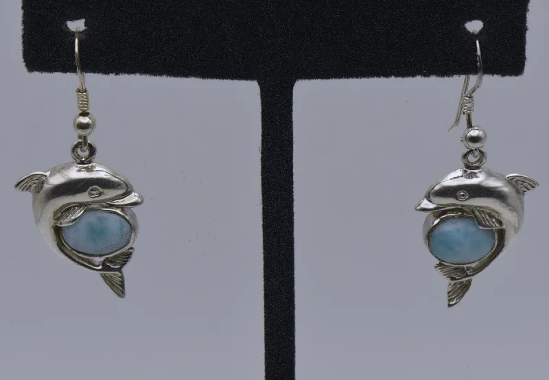 Best hoop earrings with snake chain details for a sleek and modern touch-Vintage Larimar Sterling Silver Dolphin Earrings