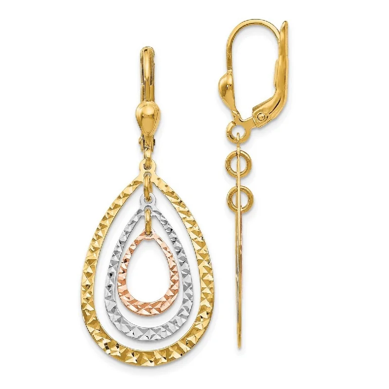 Best hoop earrings with enamel details for a colorful and modern look-Curata 14k Tri-Color Gold Diamond-cut Triple Teardrop Leverback Earrings (18mm x 43mm)