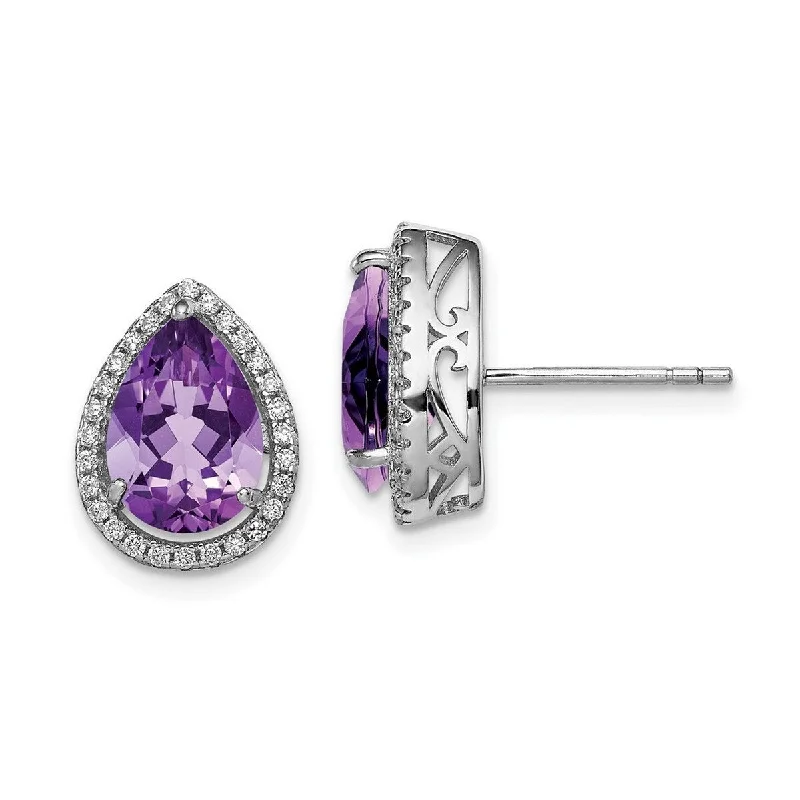 Hoop earrings with satin finishes for a smooth and elegant appearance-Curata 925 Sterling Silver Polished Amethyst and CZ Cubic Zirconia Simulated Diamond Post Earrings Measures 14x11mm Wide