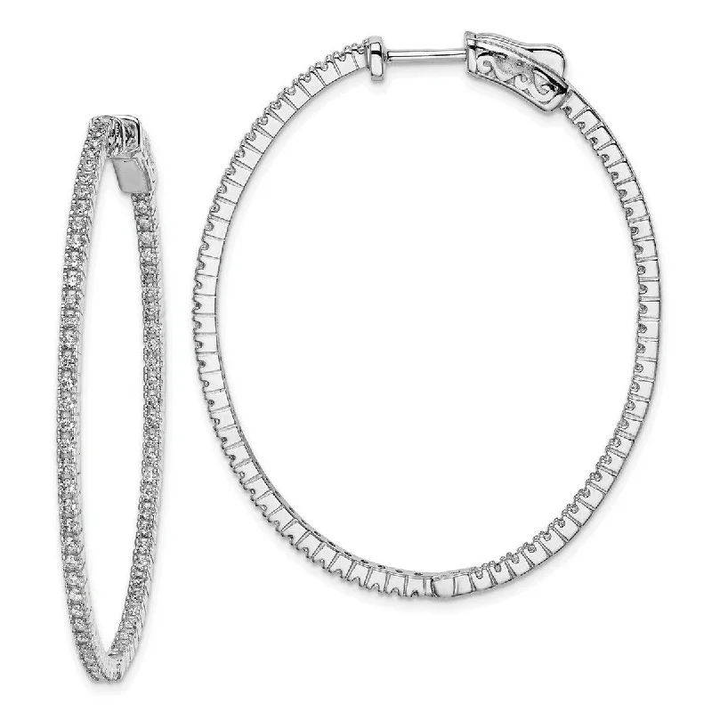 Curata 925 Sterling Silver Polished Hinged hoop Safety clasp Rhodium Plated CZ Cubic Zirconia Simulated Diamond In and Out Oval