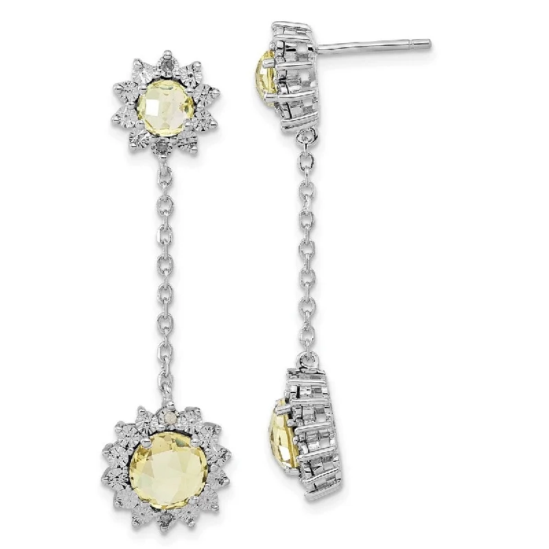 Hoop earrings with floral motifs for a feminine and nature-inspired look-Curata 925 Sterling Silver Polished Post Earrings Diamond and Lemon Quartz Earrings Measures 44x12mm Wide