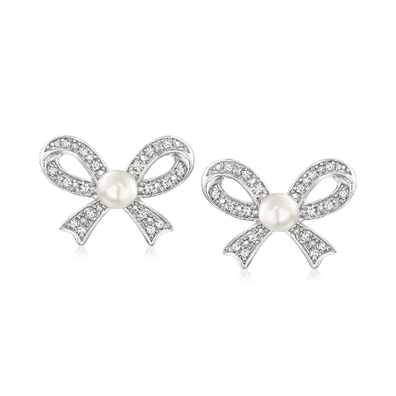 Hoop earrings with textured finishes for a vintage and classic style-Ross-Simons 4-4.5mm Cultured Pearl and . Diamond Bow Earrings in Sterling Silver