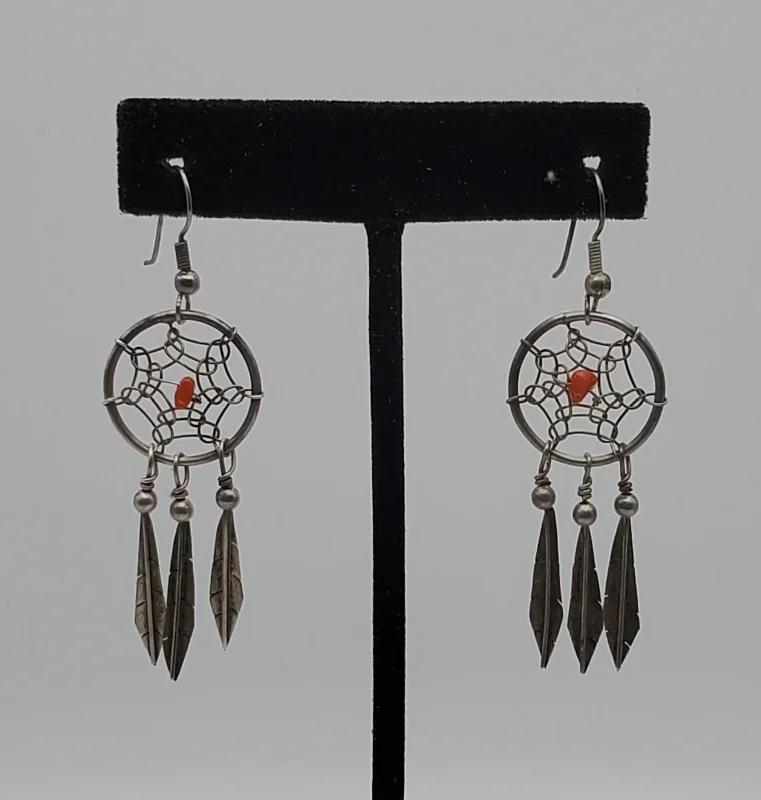 Hoop earrings with heart-shaped frames for a romantic and feminine look-Vintage Silver and Coral Dreamcatcher Earrings