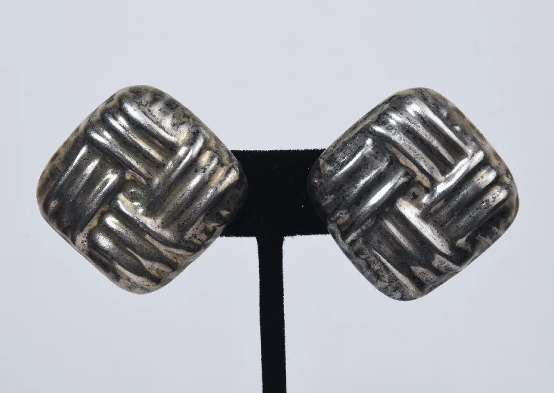 Hoop earrings with twisted metal designs for a dynamic and modern style-Vintage Heavy Mexican Sterling Silver Basket Weave Clip On Earrings