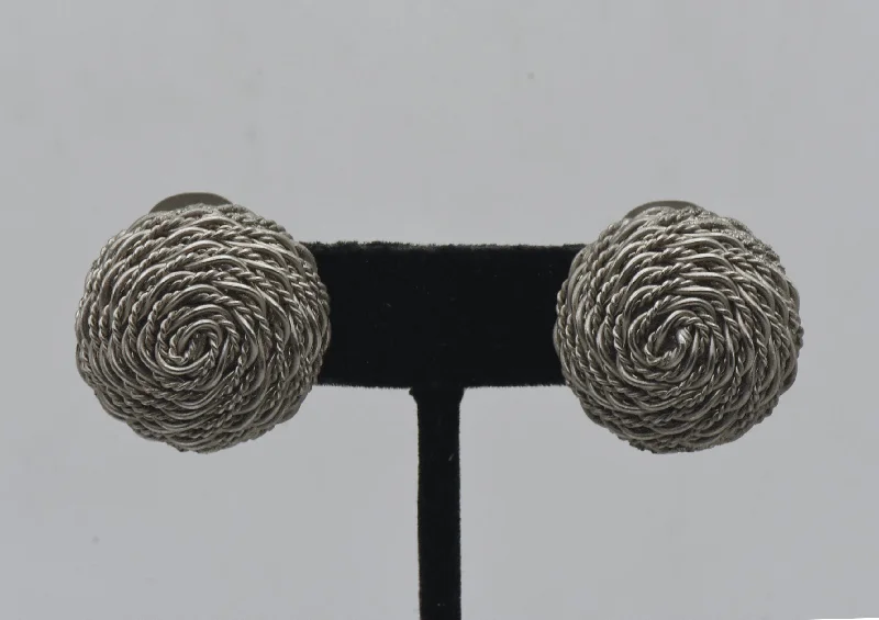 Hoop earrings with stacked layers for a bold and textured design-Vintage Silver Tone Basket Weave Clip On Earrings