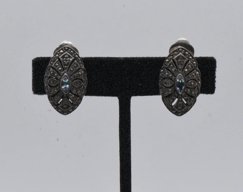 Best hoop earrings with geometric hexagon shapes for a modern, angular look-Vintage Sterling Silver Blue Topaz and Marcasite Art Deco Style Clip On Earrings